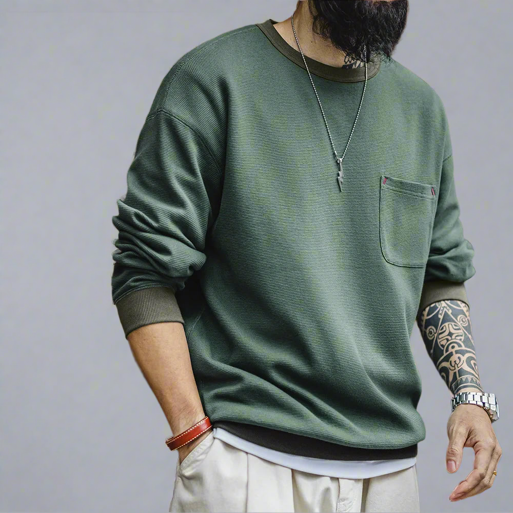 Waffle Knit Pocket Crewneck