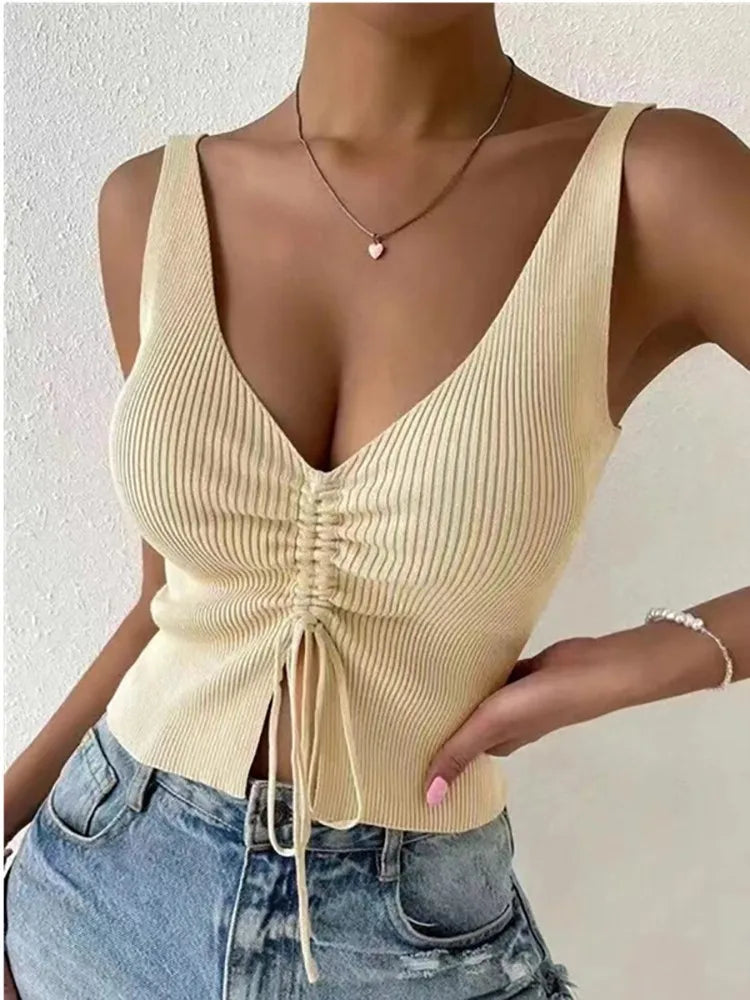 Front Drawstring Ribbed Knit Top