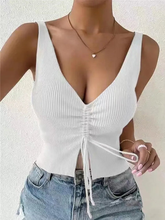 Front Drawstring Ribbed Knit Top